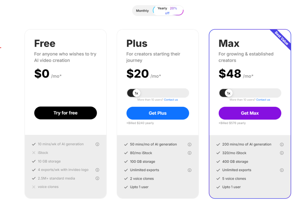 Pictory vs. Invideo AI: Invideo AI Pricing